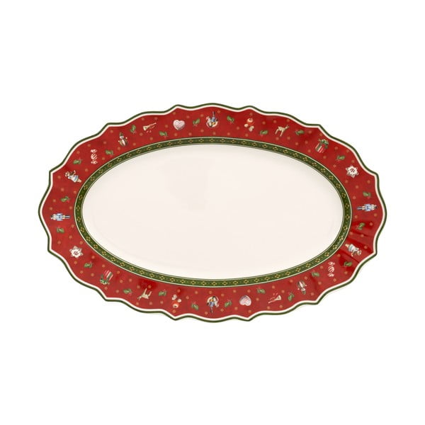 Czerwony porcelanowy półmisek z motywem świątecznym Villeroy & Boch, 38x23,5 cm