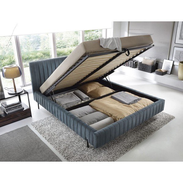 Niebieskie tapicerowane łóżko dwuosobowe ze schowkiem ze stelażem 140x200 cm Plissa – ELTAP-image-2