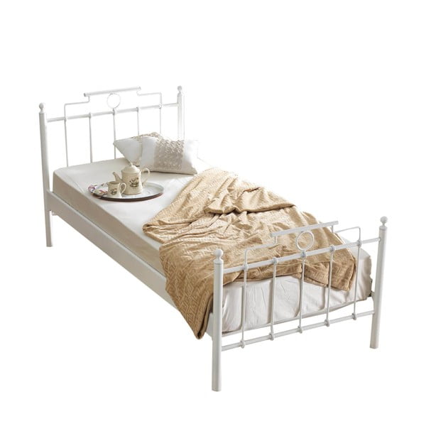 Białe metalowe łóżko jednoosobowe ze stelażem 90x200 cm Hatkus – Kalune Design