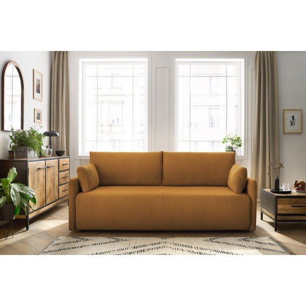 Musztardowa sztruksowa rozkładana sofa 211 cm Marcel – Bobochic Paris-image-1