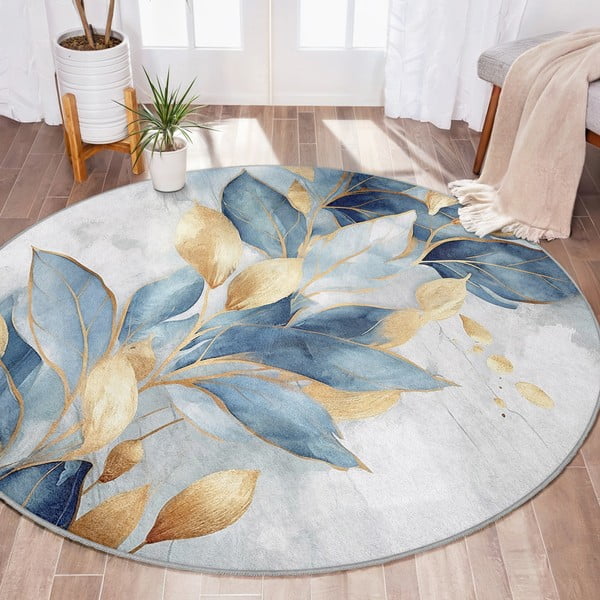 Okrągły dywan w niebiesko-złotym kolorze odpowiedni do prania ø 80 cm Golden Leaves – Mila Home-image-1
