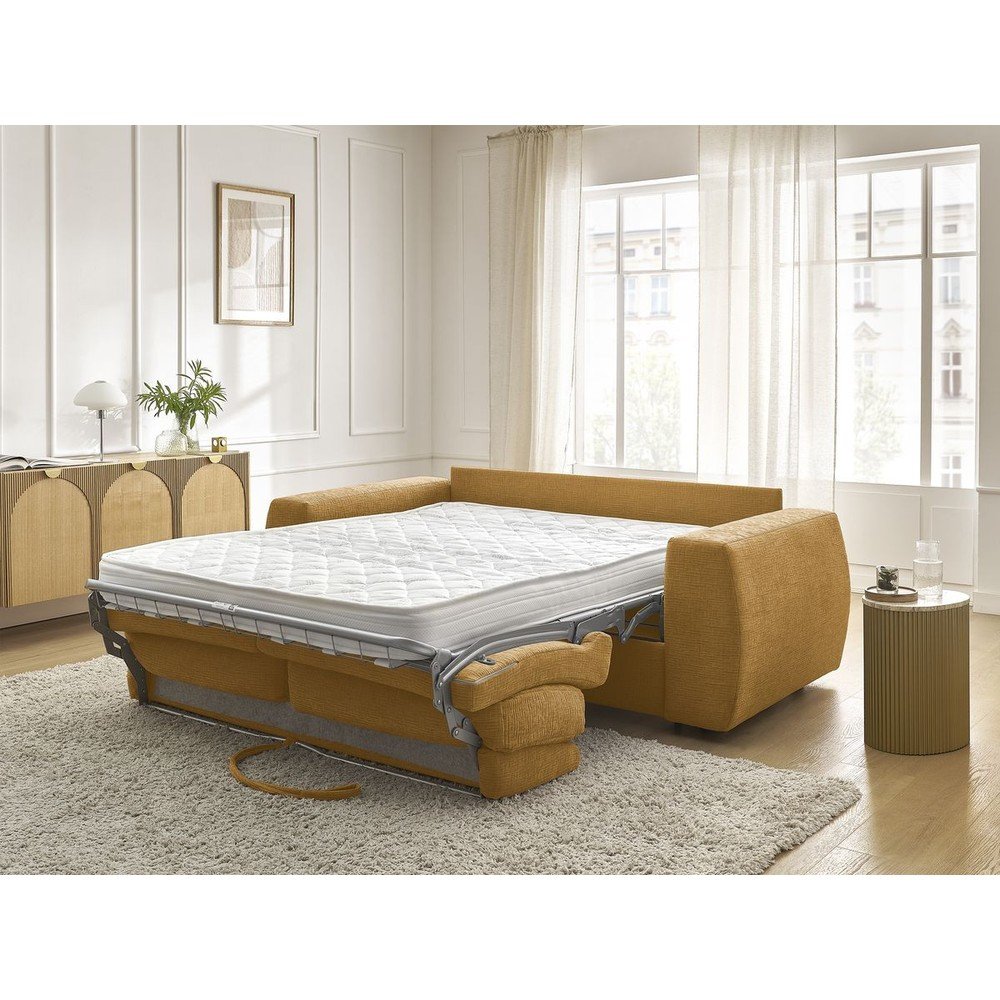 Musztardowa rozkładana sofa do spania z tkaniny szenilowej 220 cm Hugo – Bobochic Paris (zdjęcie 2)