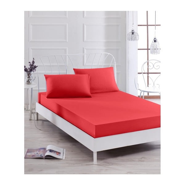 Komplet czerwonego elastycznego prześcieradła i poszewki na poduszkę Basso Rojo, 100x200 cm