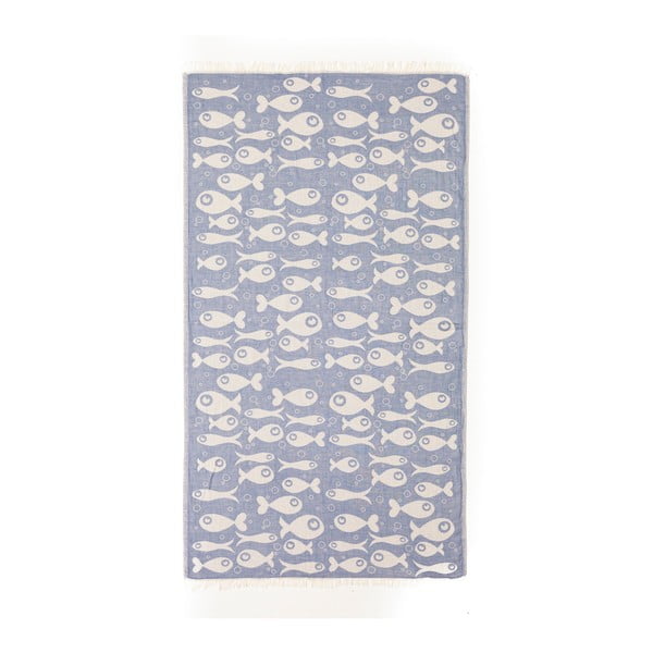 Niebieski ręcznik hammam Begonville Fishes, 175x90 cm