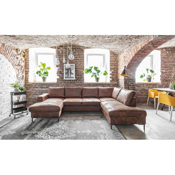 Brązowa rozkładana sofa w kształcie litery "U" z imitacji skóry Miuform Lofty Lilly Vintage, prawostronna-image-1