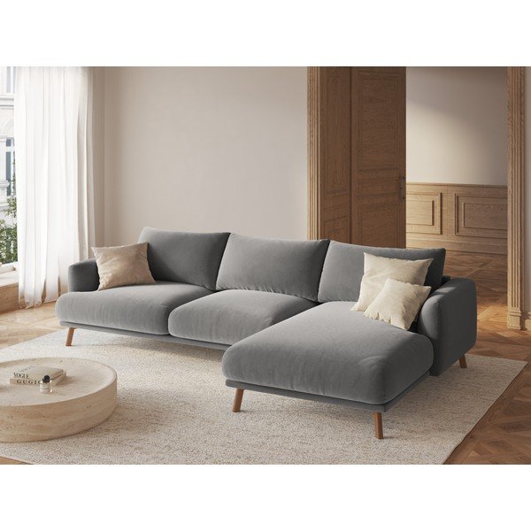 Szary aksamitny narożnik (prawostronny/z szezlongiem) Naomi – Micadoni -image-1