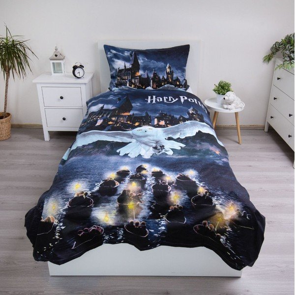 Ciemnoniebieska/szara pościel dziecięca jednoosobowa z mikrowłókna 140x200 cm Harry Potter "Hogwarts Night" – Jerry Fabrics-image-1