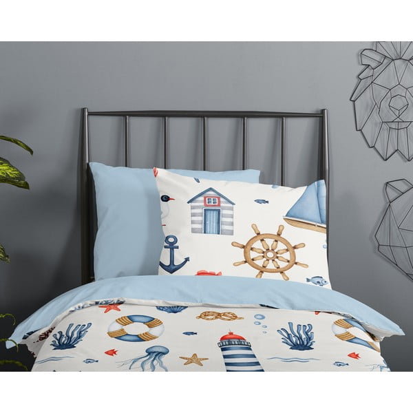 Niebiesko-kremowa bawełniana pościel dziecięca do łóżeczka 100x135 cm Ahoy – Good Morning-image-2