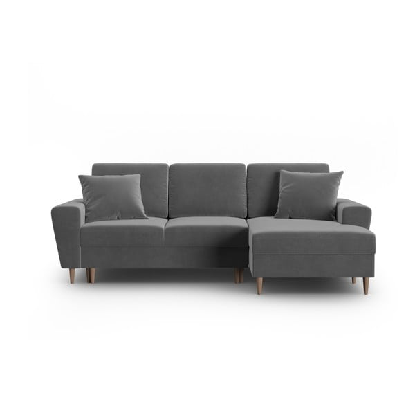 Jasnoszary aksamitny rozkładany narożnik ze schowkiem (prawostronny/z szezlongiem) Kyoto – Cosmopolitan Design