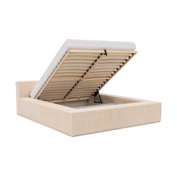 Beżowe tapicerowane łóżko dwuosobowe ze schowkiem i stelażem 160x200 cm Cloe – Ropez-image-2