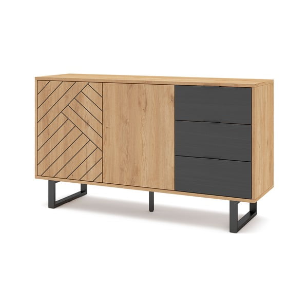 Antracytowo-naturalna niska komoda w dekorze dębu 140x80 cm Madona – Marckeric-image-3