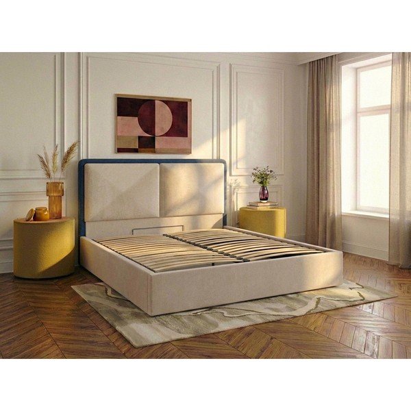 Niebieskie/beżowe tapicerowane łóżko dwuosobowe ze schowkiem ze stelażem 180x200 cm Mara – Bobochic Paris-image-2