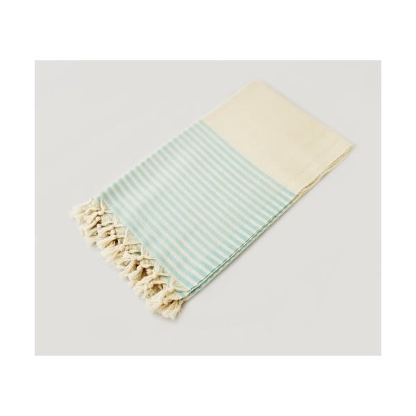 Biały ręcznik w turkusowe paski Hammam Marine Style, 100x170 cm