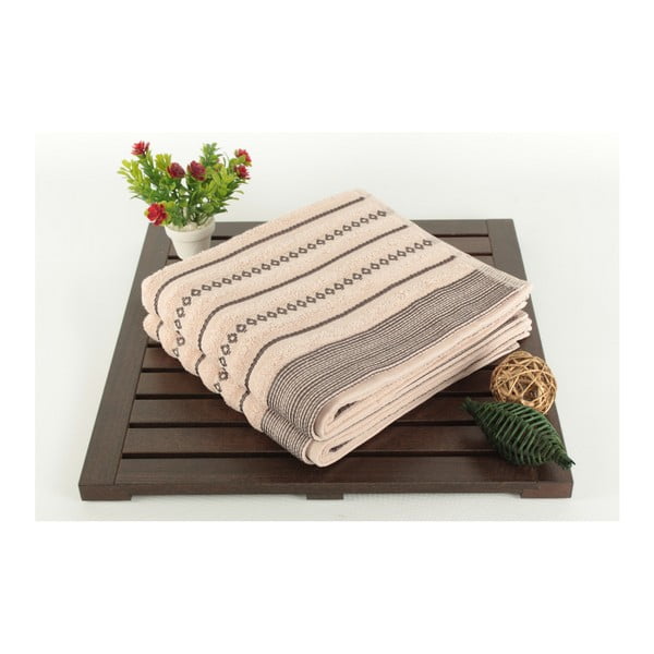 Zestaw dwóch ręczników w brązowo-różowe pasy Nature Touch, 90x50 cm