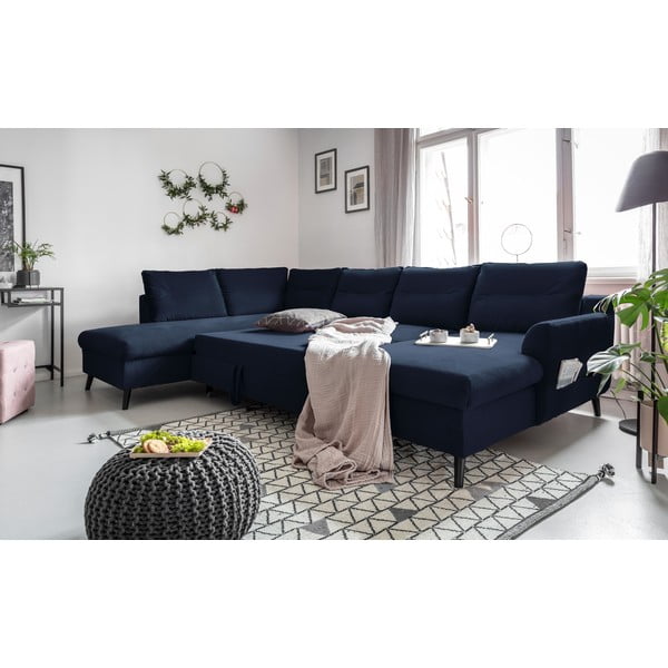 Ciemnoniebieska aksamitna rozkładana sofa w kształcie litery "U" Miuform Stylish Stan, lewostronna-image-4