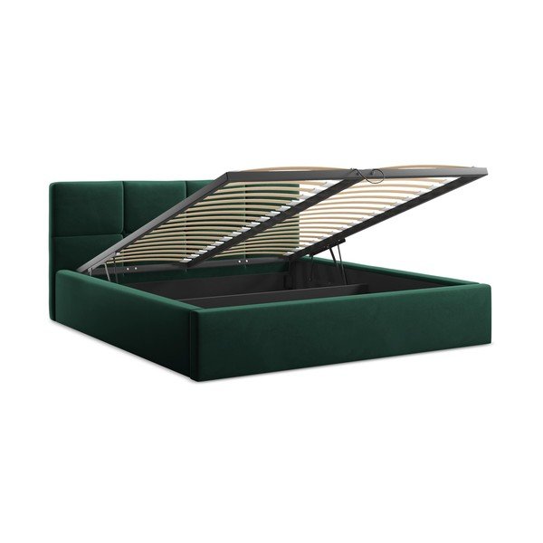 Ciemnozielone aksamitne tapicerowane łóżko dwuosobowe ze schowkiem ze stelażem 140x200 cm Hiko – Makamii-image-2