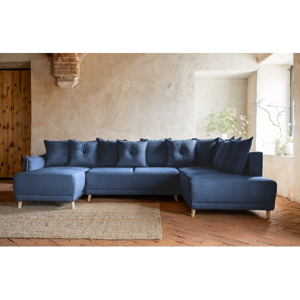 Ciemnoniebieski sztruksowy rozkładany narożnik (prawostronny/w kształcie litery U) Lazy Lukka – Miuform-image-1