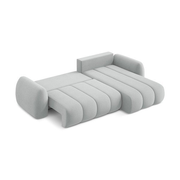 Jasnoszary rozkładany narożnik z materiału bouclé ze schowkiem (prawostronny/z szezlongiem) Pele – Makamii-image-4