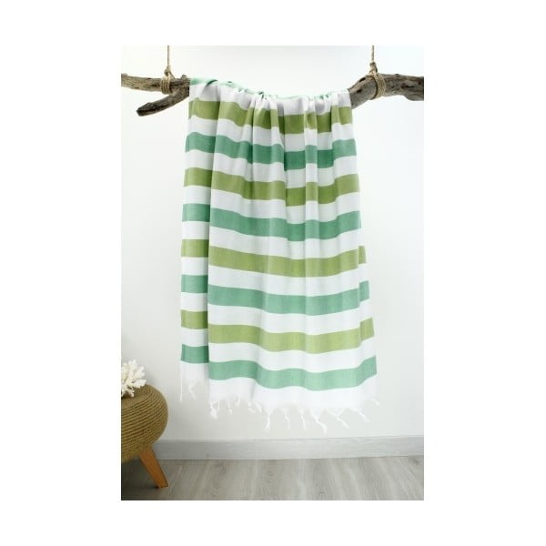 Biało-zielony ręcznik hammam Rainbow Style Green Cream, 100x180 cm