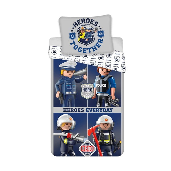 Niebiesko-szara bawełniana pościel dziecięca jednoosobowa 140x200 cm Playmobil – Jerry Fabrics