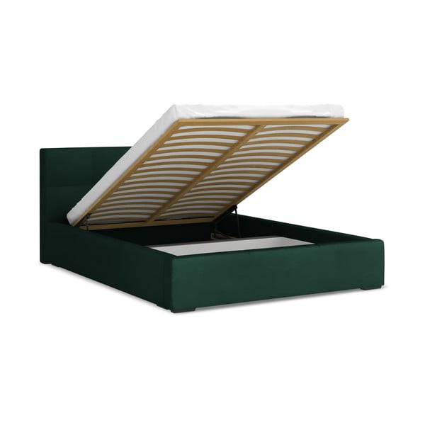 Ciemnozielone aksamitne tapicerowane łóżko dwuosobowe ze schowkiem ze stelażem 140x200 cm Hiko – Makamii-image-1