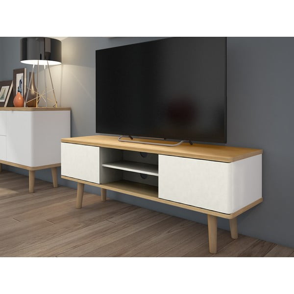 Biała szafka pod TV w dekorze dębu 140x52 cm Alana – Støraa-image-1