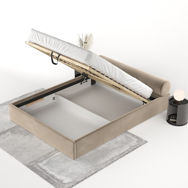 Jasnobrązowe tapicerowane łóżko dwuosobowe ze schowkiem i stelażem 160x200 cm Solvo – Maison de Rêve-image-3