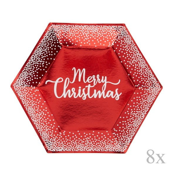 Zestaw 8 czerwonych świątecznych talerzyków papierowych Neviti Merry Christmas Red & White Dots, ⌀ 27 cm
