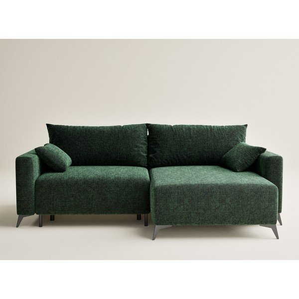 Ciemnozielony rozkładany/ze schowkiem narożnik z tkaniny szenilowej (prawostronny/z szezlongiem) Leon – Maison de Rêve-image-2