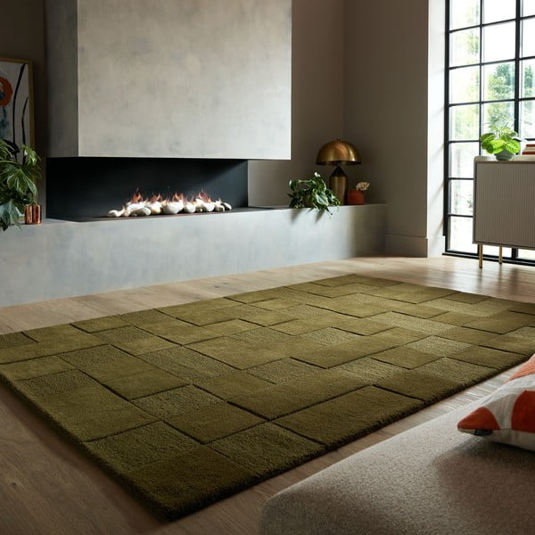 Wełniany dywan tkany ręcznie w kolorze khaki 120x170 cm Checkerboard – Flair Rugs-image-1