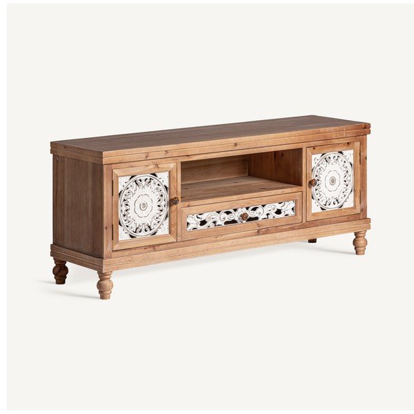 Biało-naturalna szafka pod TV z litego drewna świerkowego 140x58 cm Agrabah – Burkina-image-2