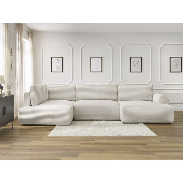 Kremowy sztruksowy rozkładany/ze schowkiem narożnik (lewostronny/w kształcie litery U) Lucien – Bobochic Paris-image-1