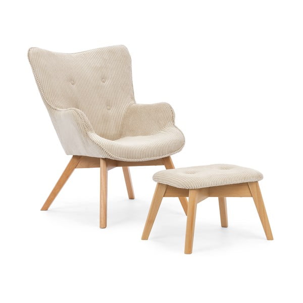 Beżowy sztruksowy fotel z podnóżkiem Niko – Ropez