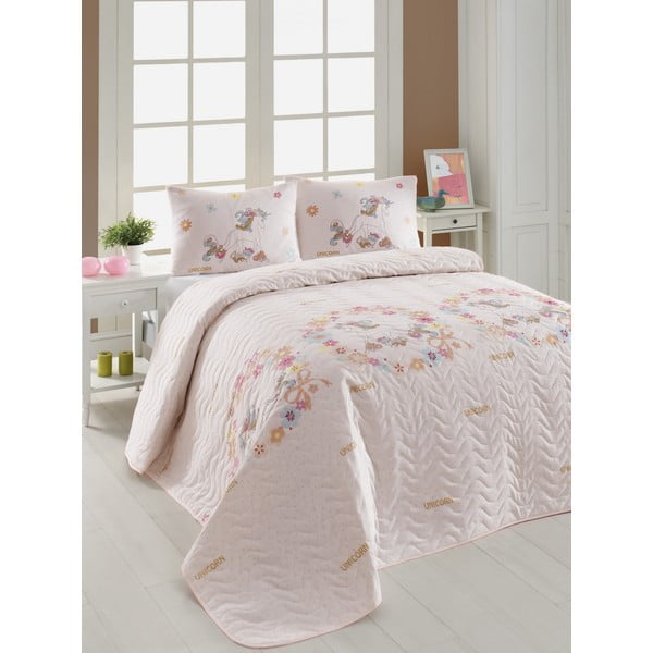 Zestaw pikowanej narzuty na łóżko i 2 poszewek na poduszki Eponj Home Unicornlar Pink, 200x220 cm