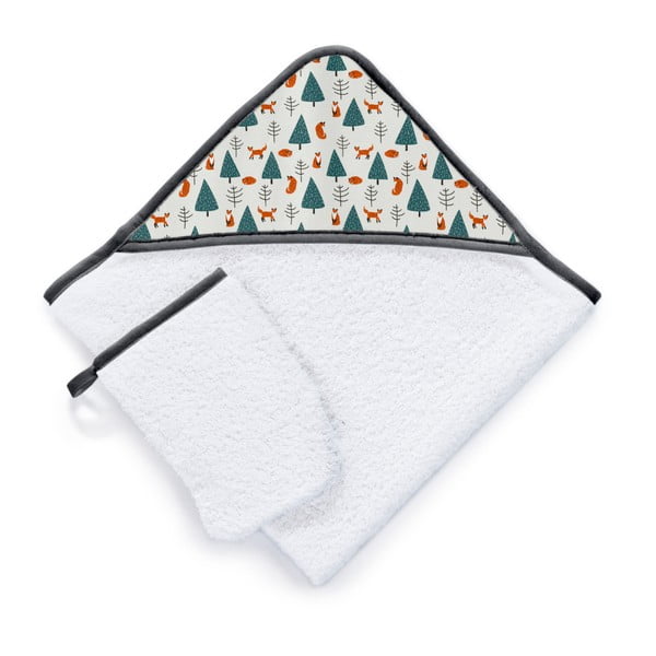 Zestaw ręcznika kąpielowego z kapturem i rękawicy kąpielowej Tanuki Fox Pattern, 75x75 cm