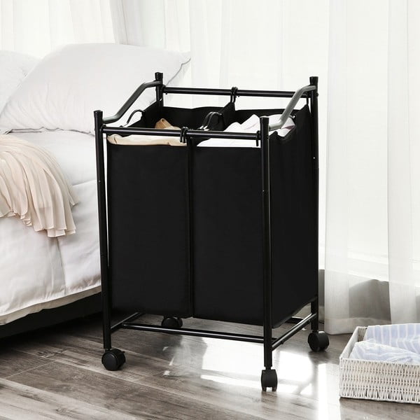 Czarny kosz na pranie na kółkach z 2 segmentami Songmics-image-1