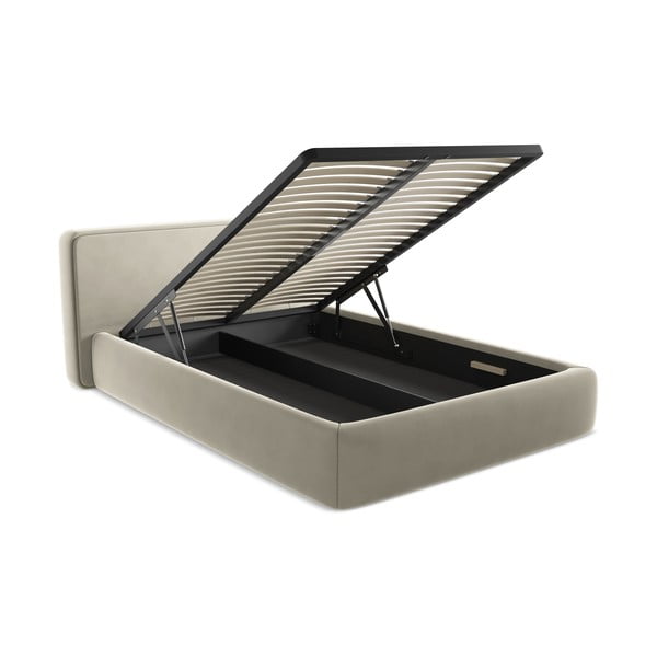 Kremowe tapicerowane łóżko dwuosobowe ze schowkiem i stelażem 140x200 cm Kiana – Makamii-image-3