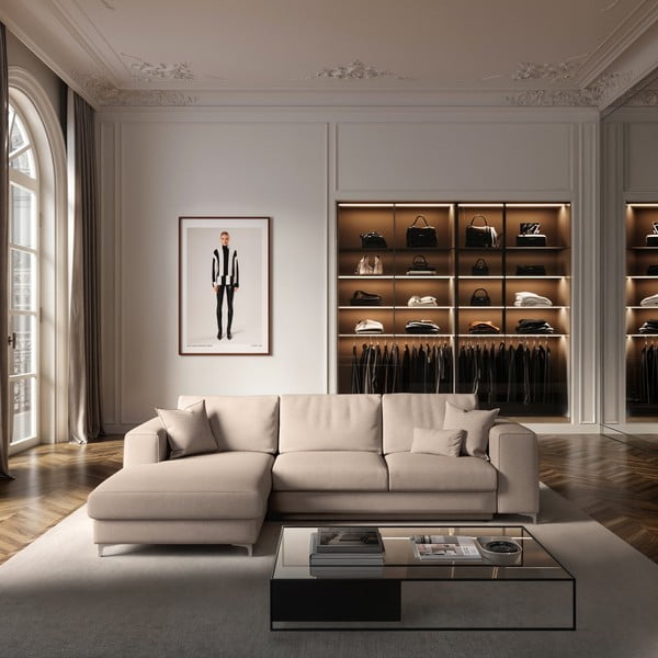 Beżowy aksamitny rozkładany narożnik ze schowkiem (lewostronny/z szezlongiem) Rene – Rodier-image-1