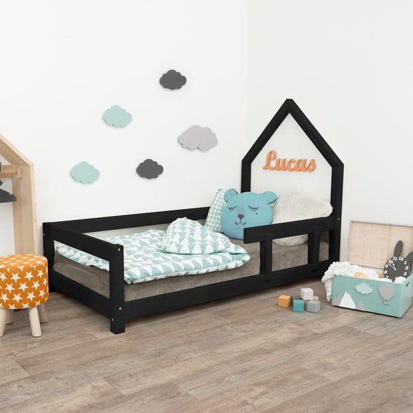 Czarne łóżko dziecięce w kształcie domku z barierką po prawej stronie Benlemi Poppi, 70x160 cm