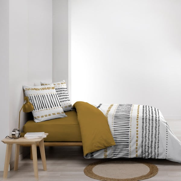 Musztardowo-biała bawełniana pościel dwuosobowa 240x220 cm Chicago – douceur d'intérieur-image-1