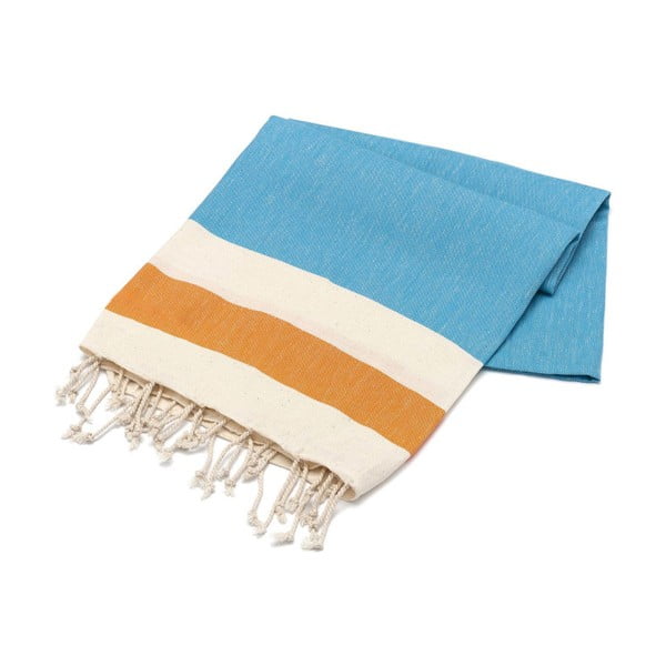 Niebieski ręcznik z pomarańczowym pasem Hammam Begonvilla, 100x180 cm