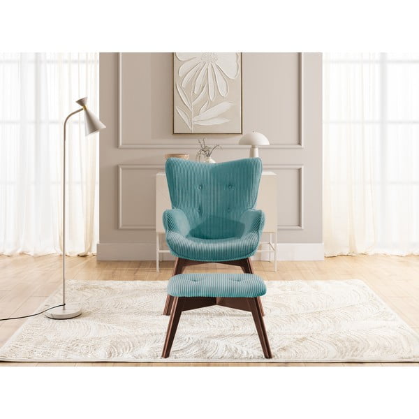 Turkusowy sztruksowy fotel z podnóżkiem Niko – Ropez-image-1
