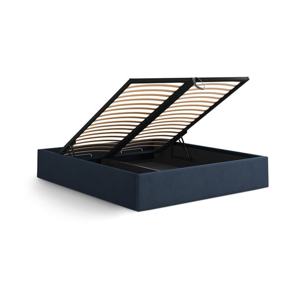 Ciemnoniebieskie tapicerowane łóżko dwuosobowe ze schowkiem/bez zagłówka ze stelażem 140x200 cm Susan – Micadoni -image-3