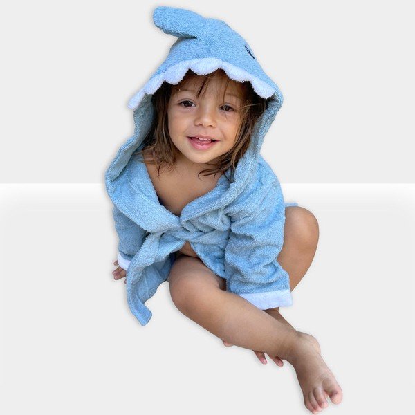 Niebieski bawełniany szlafrok dziecięcy rozmiar S Shark – Rocket Baby-image-1