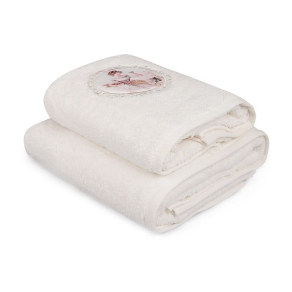 Komplet białego ręcznika i białego ręcznika kąpielowego z kolorowym detalem Mademoiselle