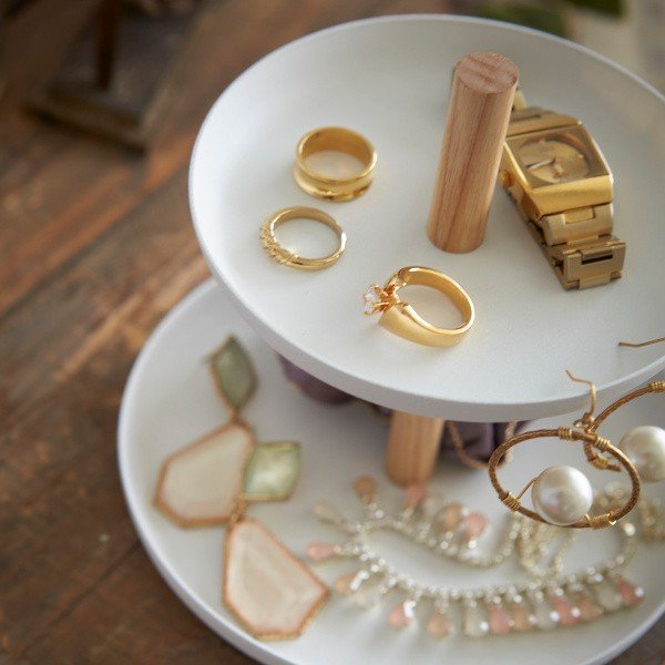 2-poziomowa biała etażerka z detalem z bukowego drewna YAMAZAKI Tosca-image-2