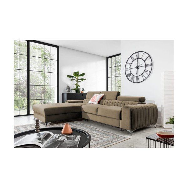 Jasnobrązowy aksamitny rozkładany/ze schowkiem narożnik (lewostronny/z szezlongiem) Grayson – ELTAP-image-1