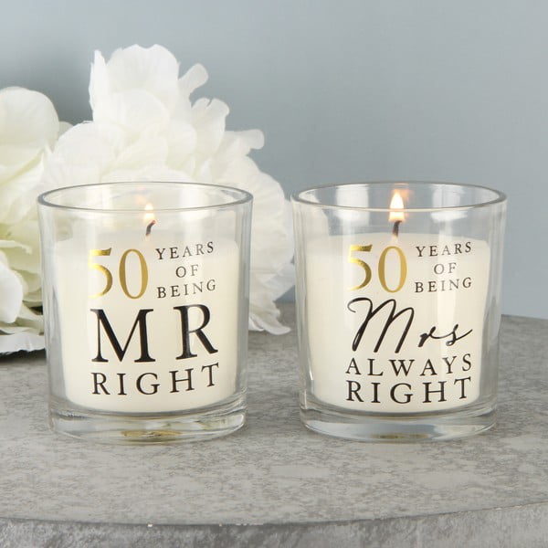 Zestaw 2 świeczek o zapachu bawełny z okazji 50 rocznicy ślubu Amore Mr. Right and Mrs. Always Right, 18 h palenia