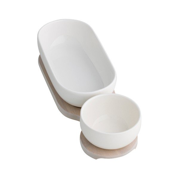 Biała podwójna miseczka do serwowania z porcelany na bambusowej tacce Brandani Exclamation