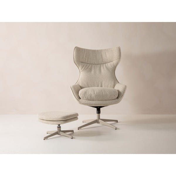 Beżowy obrotowy fotel z podnóżkiem z materiału bouclé Kenzi – Micadoni -image-2